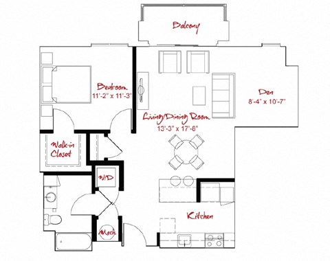Floor plan for 1 bed, 1 bath, 875 sqft